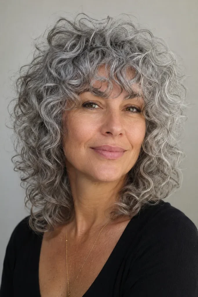 Curly silver shag with rounded bangs