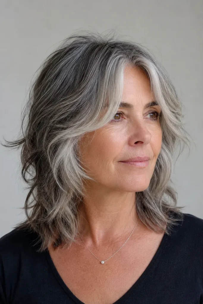 Gray blended shag with face-framing pieces