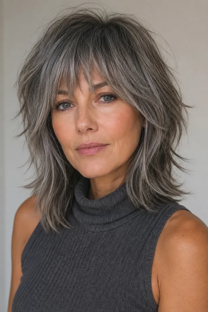 Gray shag with bottleneck bangs